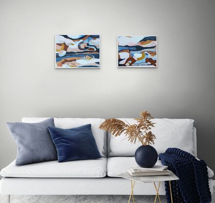 An abstract seascape in colours of blue, copper and nude pink.