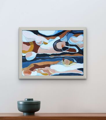 An abstract seascape in colours of blue, copper and nude pink.