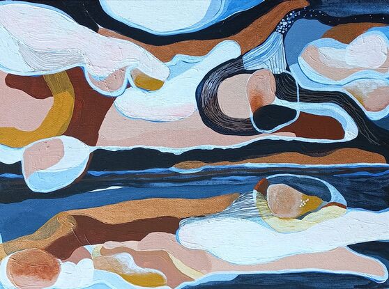 An abstract seascape in colours of blue, copper and nude pink.