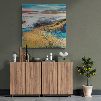 A square painting mainly in yellows based on the salt lake Deborah in WA.