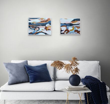 An abstract seascape in colours of blue, copper and nude pink.