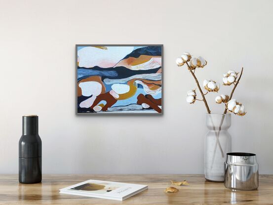 An abstract seascape in colours of blue, copper and nude pink.