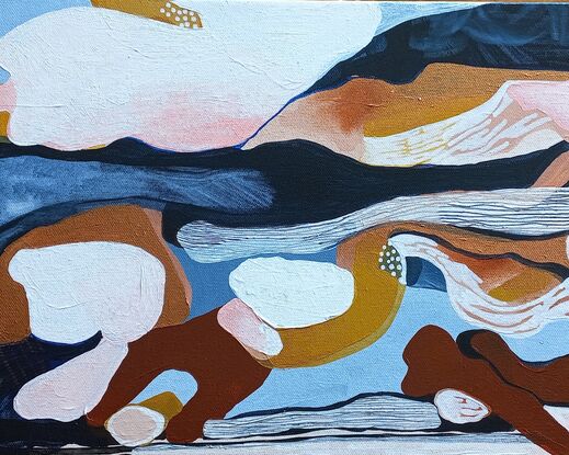 An abstract seascape in colours of blue, copper and nude pink.