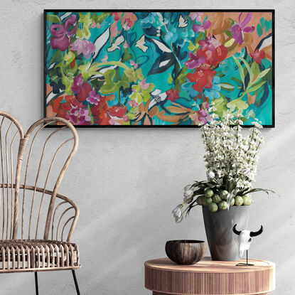 Large colourful expressive abstract tropical floral and bird landscape canvas print