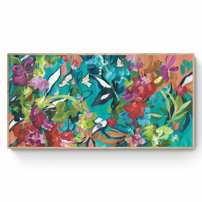 Large colourful expressive abstract tropical floral and bird landscape canvas print