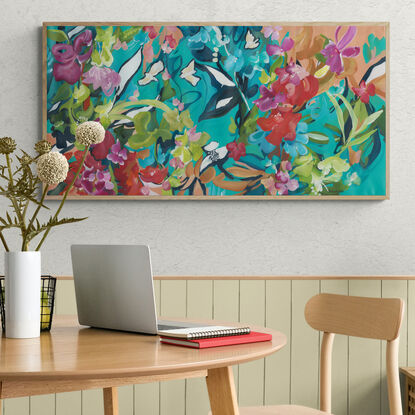 Large colourful expressive abstract tropical floral and bird landscape canvas print