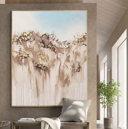 a large abstract landscape in shades of gold, brown, black, blue and white inspired by wild grass and sand dunes australian native and indigenous plants