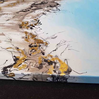 a large abstract landscape in shades of gold, brown, black, blue and white inspired by wild grass and sand dunes australian native and indigenous plants