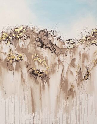 a large abstract landscape in shades of gold, brown, black, blue and white inspired by wild grass and sand dunes australian native and indigenous plants