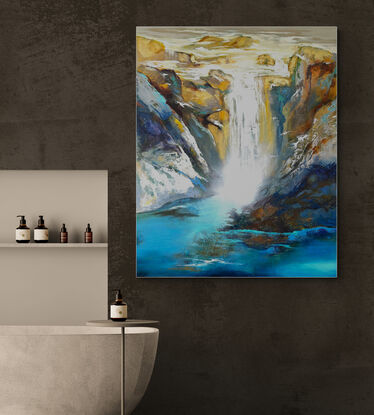 A dynamic portrayal of the passion of unleased water in blues and greens. 