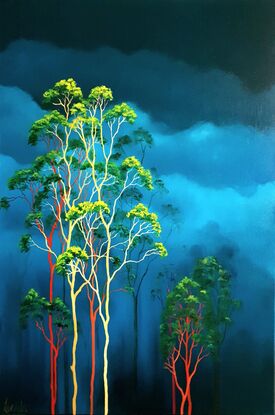 Oil painting, landscape, Australiana, ghost gum trees,  deep teal sky and clouds, portrait orientation