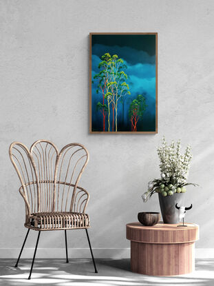 Oil painting, landscape, Australiana, ghost gum trees,  deep teal sky and clouds, portrait orientation