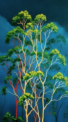 Oil painting, landscape, Australiana, ghost gum trees,  deep teal sky and clouds, portrait orientation