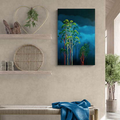 Oil painting, landscape, Australiana, ghost gum trees,  deep teal sky and clouds, portrait orientation