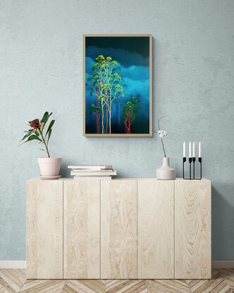 Oil painting, landscape, Australiana, ghost gum trees,  deep teal sky and clouds, portrait orientation