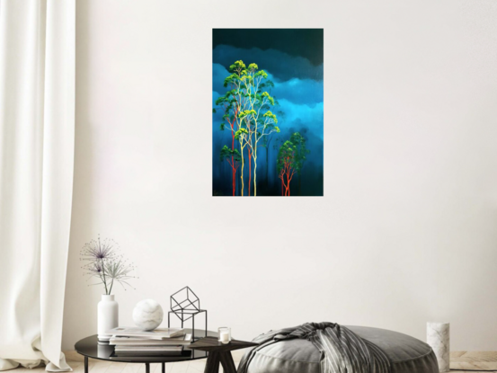 Oil painting, landscape, Australiana, ghost gum trees,  deep teal sky and clouds, portrait orientation