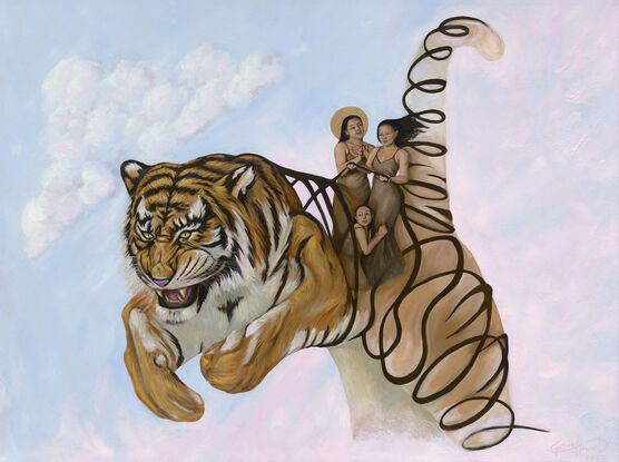 A cloud and pink and blue sky form the background. A tiger leaps in the centre of the painting. The tigers stripes unravel and cocoon three women. 