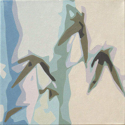 Abstract impression of bamboo in a contemporary style with cool muted colours.