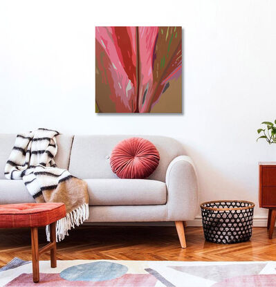 Curving and stylised shapes of intense reds, pinks, browns and accent colours in a hard-edged modern style that represents the beautiful leaves of the bromeliad plant.