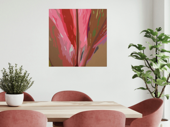 Curving and stylised shapes of intense reds, pinks, browns and accent colours in a hard-edged modern style that represents the beautiful leaves of the bromeliad plant.