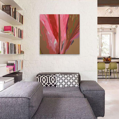 Curving and stylised shapes of intense reds, pinks, browns and accent colours in a hard-edged modern style that represents the beautiful leaves of the bromeliad plant.