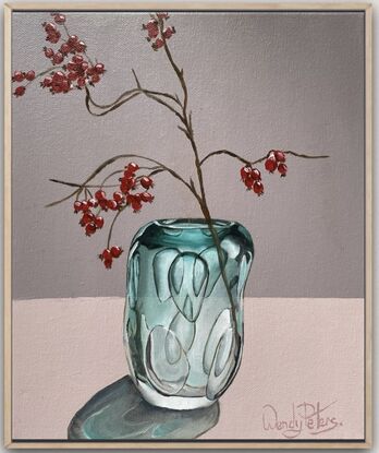 My love of painting glass continues. The play of light through the patterned glass vase adds a luminous quality, capturing light and shadow in the reflections make the vase gleam and creates intriguing shadows,  which adds depth and drama to the painting, giving it a radiant glow, adding some simple but delicate flowers and buds keeps the focus on the vase but creates balance.  Comes Framed in a beautiful Tasmanian Oak Flat Frame.