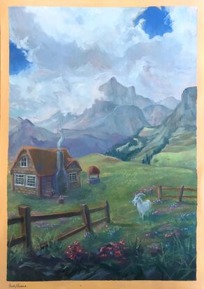 A magical landscape of a cottage in the mountains
A4 size, oil on paper, varnished and framed. 
Fantasy art by Heidi Monsant