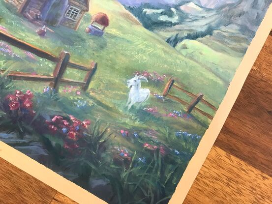 A magical landscape of a cottage in the mountains
A4 size, oil on paper, varnished and framed. 
Fantasy art by Heidi Monsant