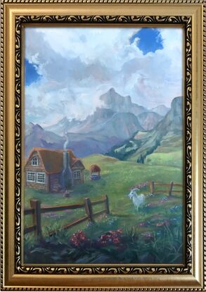 A magical landscape of a cottage in the mountains
A4 size, oil on paper, varnished and framed. 
Fantasy art by Heidi Monsant