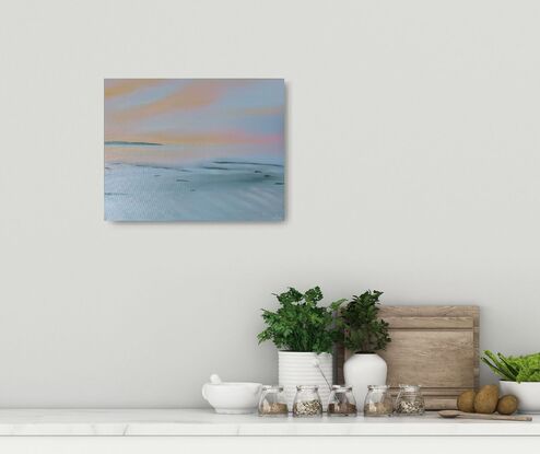 Misty pink, orange , blue and green seascape with glassy water