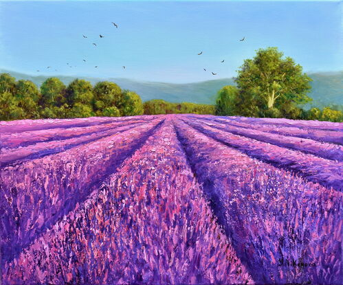 Landscape painting with a flock of birds flying over a lavender field