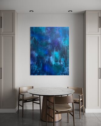 Large stretched canvas with abstract layers of semi transparent paint. Smooth surface with many organic patters, drips. Luminous colours of dark blue, bright blue, mint green, emerald green and violet, purple and white. Striking as well as relaxing aesthetic.