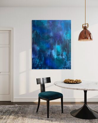 Large stretched canvas with abstract layers of semi transparent paint. Smooth surface with many organic patters, drips. Luminous colours of dark blue, bright blue, mint green, emerald green and violet, purple and white. Striking as well as relaxing aesthetic.