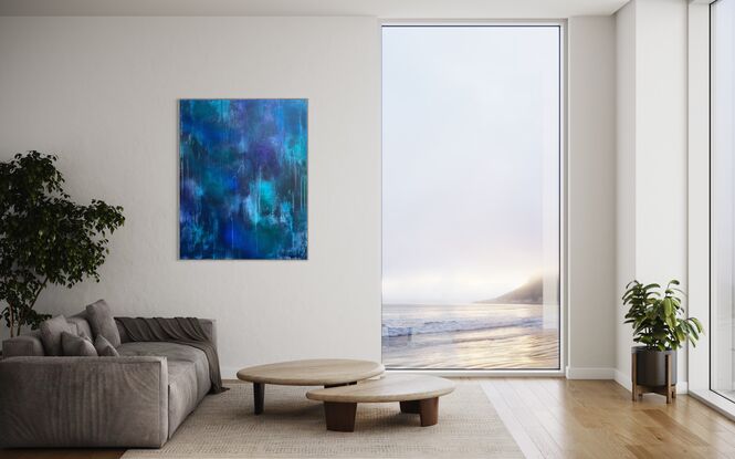 Large stretched canvas with abstract layers of semi transparent paint. Smooth surface with many organic patters, drips. Luminous colours of dark blue, bright blue, mint green, emerald green and violet, purple and white. Striking as well as relaxing aesthetic.