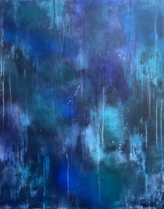 Large stretched canvas with abstract layers of semi transparent paint. Smooth surface with many organic patters, drips. Luminous colours of dark blue, bright blue, mint green, emerald green and violet, purple and white. Striking as well as relaxing aesthetic.