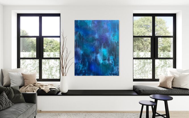 Large stretched canvas with abstract layers of semi transparent paint. Smooth surface with many organic patters, drips. Luminous colours of dark blue, bright blue, mint green, emerald green and violet, purple and white. Striking as well as relaxing aesthetic.