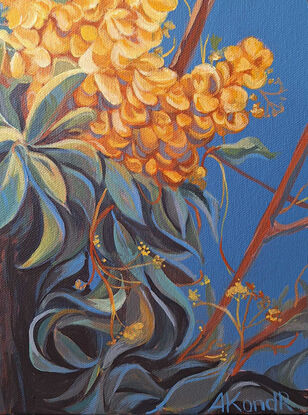 "Koala Encounter" is an acrylic painting featuring a koala seated on a tree amid yellow flowers against a backdrop of blue sky. Executed in the Australiana style, each color in the artwork symbolizes the diversity and abundance of Australian nature.

As an Artist, I aimed to capture the blend of warm and cool tones inherent in the wild. The koala, an integral part of Australian fauna, takes center stage in this composition. The painting is an attempt to capture the beauty of nature with its variety and tranquility, utilizing bright and contrasting colors.