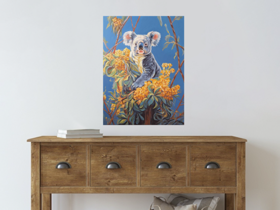 "Koala Encounter" is an acrylic painting featuring a koala seated on a tree amid yellow flowers against a backdrop of blue sky. Executed in the Australiana style, each color in the artwork symbolizes the diversity and abundance of Australian nature.

As an Artist, I aimed to capture the blend of warm and cool tones inherent in the wild. The koala, an integral part of Australian fauna, takes center stage in this composition. The painting is an attempt to capture the beauty of nature with its variety and tranquility, utilizing bright and contrasting colors.