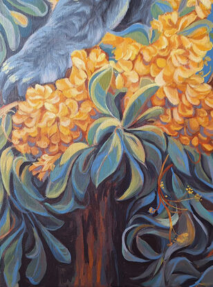 "Koala Encounter" is an acrylic painting featuring a koala seated on a tree amid yellow flowers against a backdrop of blue sky. Executed in the Australiana style, each color in the artwork symbolizes the diversity and abundance of Australian nature.

As an Artist, I aimed to capture the blend of warm and cool tones inherent in the wild. The koala, an integral part of Australian fauna, takes center stage in this composition. The painting is an attempt to capture the beauty of nature with its variety and tranquility, utilizing bright and contrasting colors.