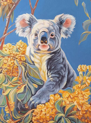 "Koala Encounter" is an acrylic painting featuring a koala seated on a tree amid yellow flowers against a backdrop of blue sky. Executed in the Australiana style, each color in the artwork symbolizes the diversity and abundance of Australian nature.

As an Artist, I aimed to capture the blend of warm and cool tones inherent in the wild. The koala, an integral part of Australian fauna, takes center stage in this composition. The painting is an attempt to capture the beauty of nature with its variety and tranquility, utilizing bright and contrasting colors.