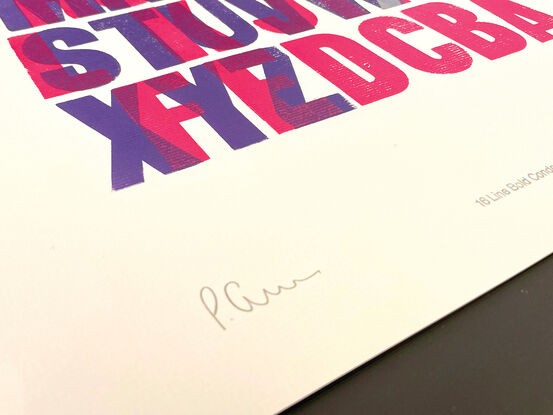 
The vibrant colour palette of purple, pink and silver bring the large format letterpress  print to life.  