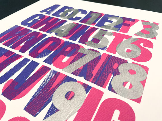 
The vibrant colour palette of purple, pink and silver bring the large format letterpress  print to life.  