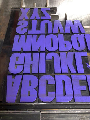 
The vibrant colour palette of purple, pink and silver bring the large format letterpress  print to life.  