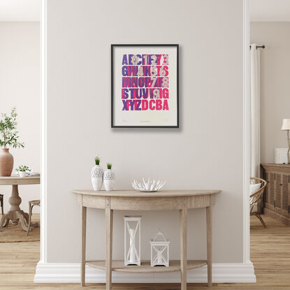 
The vibrant colour palette of purple, pink and silver bring the large format letterpress  print to life.  