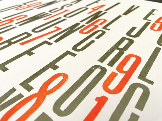 
The vibrant colour palette of silver/green and orange bring the large format letterpress  print to life.  