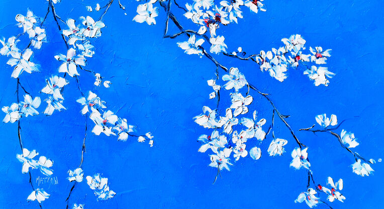  An oil painting of branches of white plum blossom flowers on a dark blue background