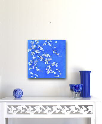  An oil painting of branches of white plum blossom flowers on a dark blue background