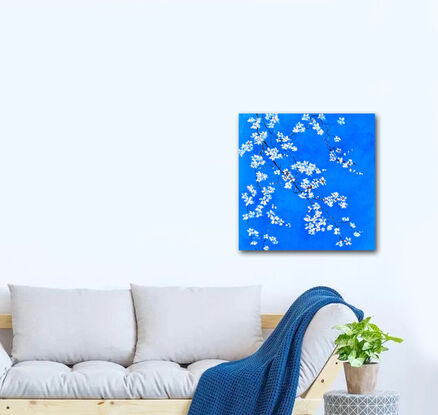  An oil painting of branches of white plum blossom flowers on a dark blue background