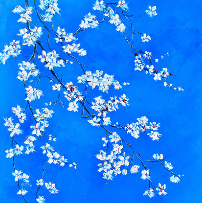  An oil painting of branches of white plum blossom flowers on a dark blue background