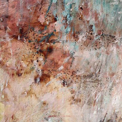 Textural, soft abstract impressionist landscape of eucalypt forest in beige, blush pink and grey blue, by Australian artist Victoria Collins. 